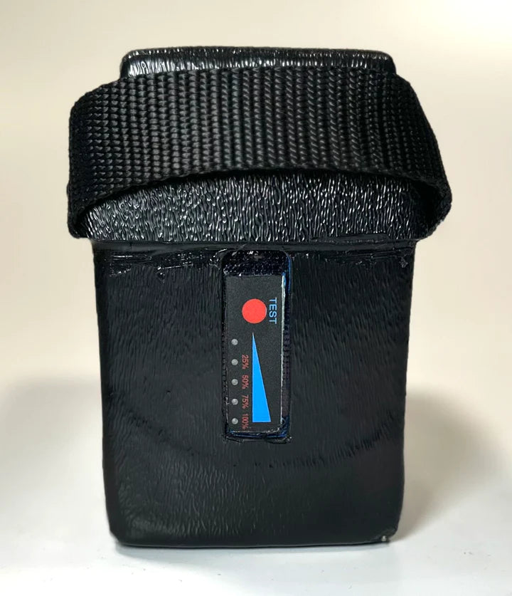 Black pouch with a strap and label on a white background