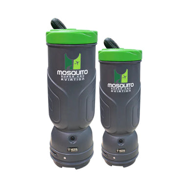 Two gray and green vacuum cleaners with Mosquito Super Vac Aviation branding on a white background.