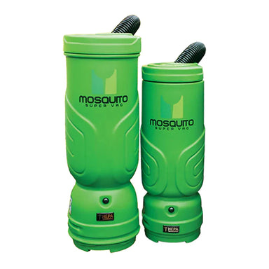 Two green mosquito vacuums with 'Mosquito Super Vac' branding on a white background.