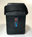 Black pouch with a strap and label on a white background